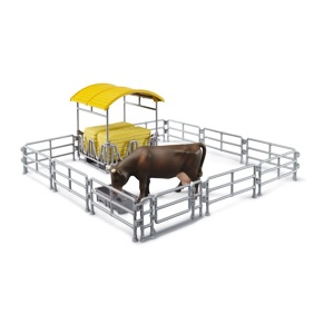 Hooiberg met hekken, trog en koe - Bruder 62612